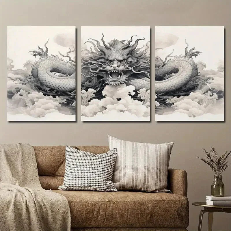 3pcs Japanese Dragon Black & White Wall Art Set Canvas Framed 40x60cm - High Quality Print 100% Australian Made Wall Canvas Ready to Hang