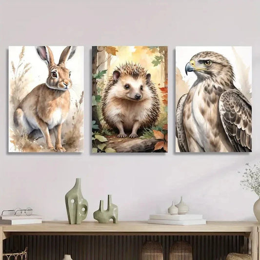 3pcs rabbit hedgehog eagle, animal portrait Metal Print Ready to Hang Art
