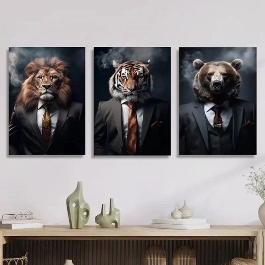 3pcs , Modern Animal Businessmen Metal Print Ready to Hang Art