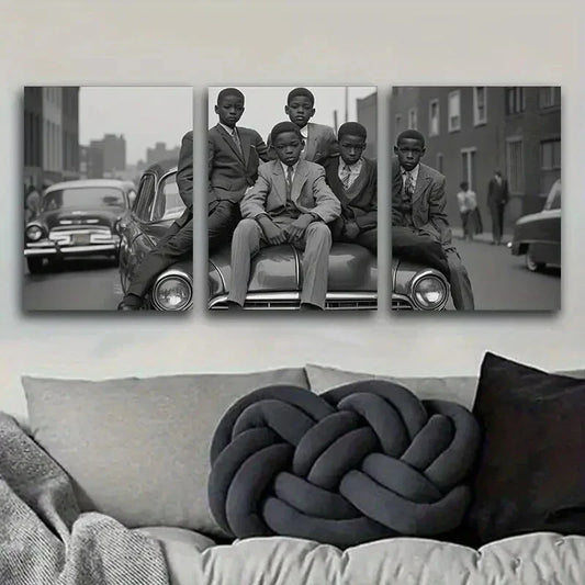 3pcs Vintage Car & Teens Scene Metal Print Ready to Hang Art