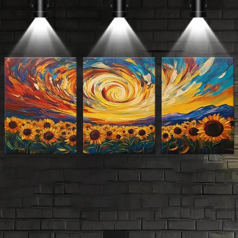 3pcs Golden Sunflowers & Swirling Sky Metal Print Ready to Hang Art