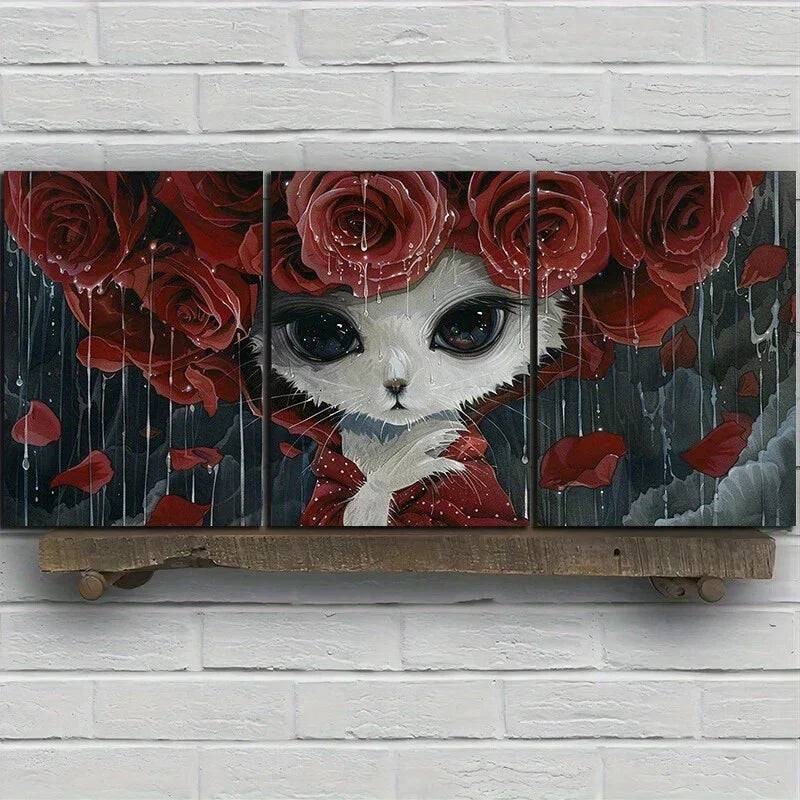 3pcs Whimsical Cat with Red Roses Metal Print Ready to Hang Art