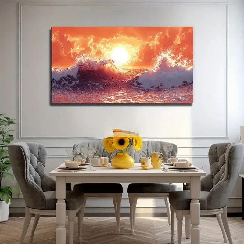 Ocean Waves Sunset Modern Wall Art Canvas Office Home Room Framed 120x60cm