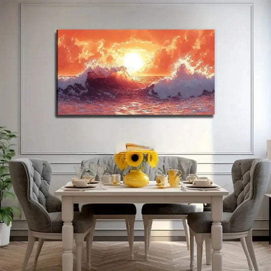 Ocean Waves Sunset Modern Wall Art Canvas Office Home Room Framed 120x60cm