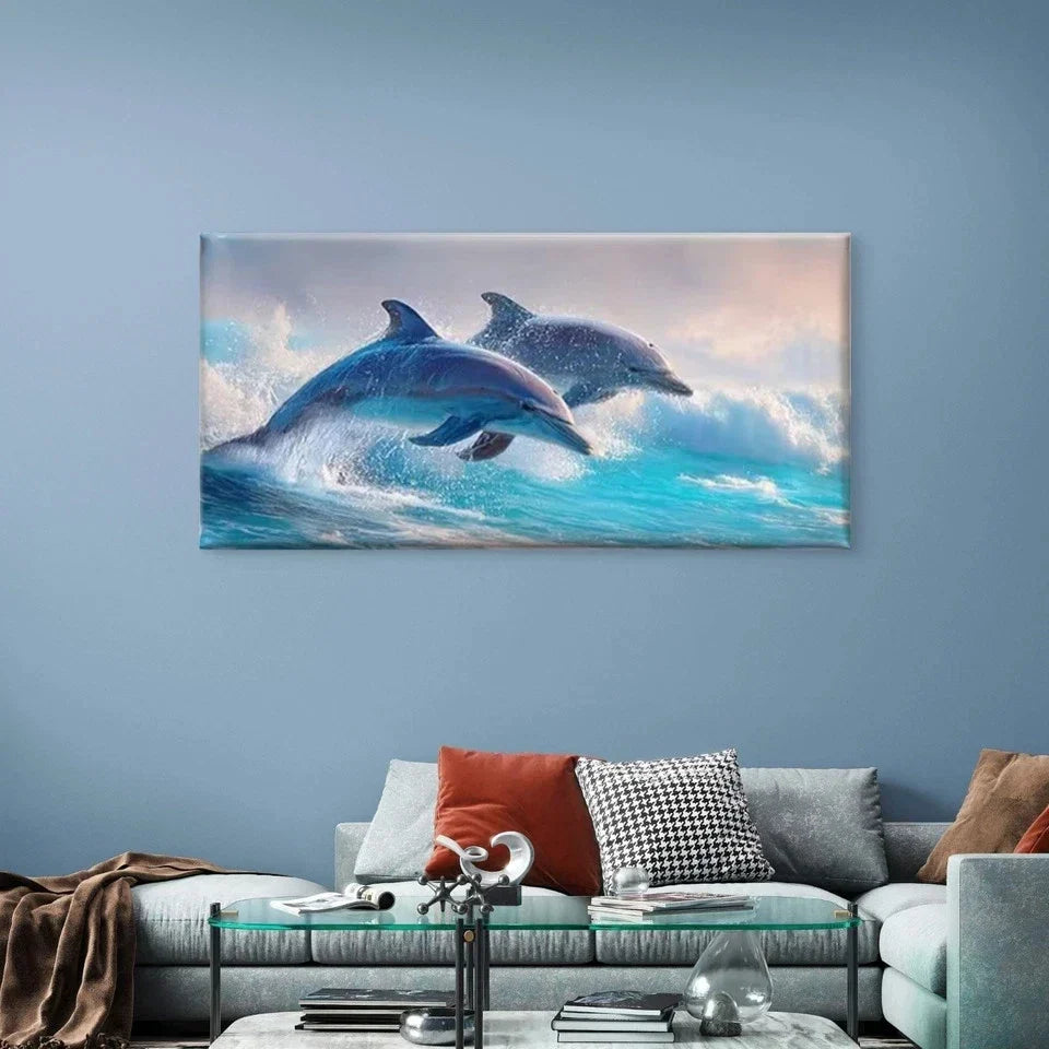 Dolphins in Ocean Waves Wall Art Canvas Office Home Room Framed 80x45cm