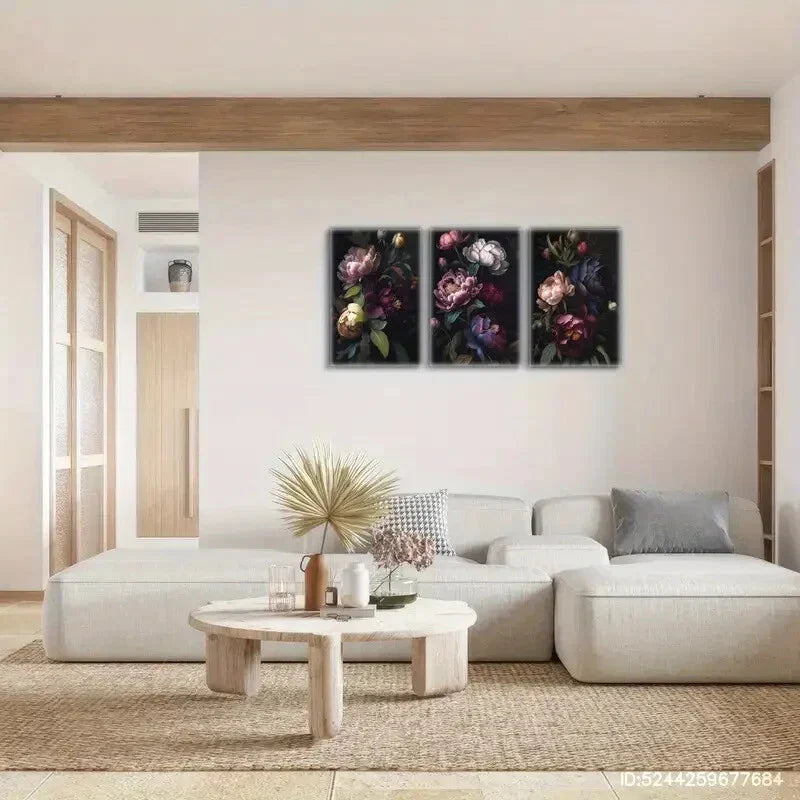 3pcs Floral Art on Dark Background Vintage Metal Print Ready to Hang Art