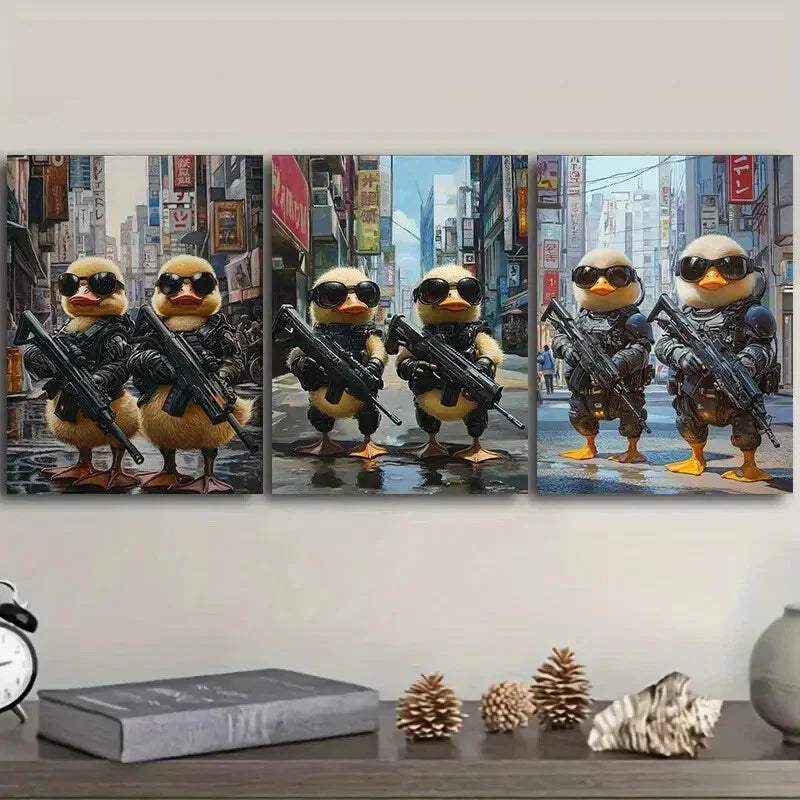 3pcs Two cute baby ducks in cyberpunk armor Wall Art Set Canvas Framed 40x60cm - High Quality Print 100% Australian Made Wall Canvas Ready to Hang