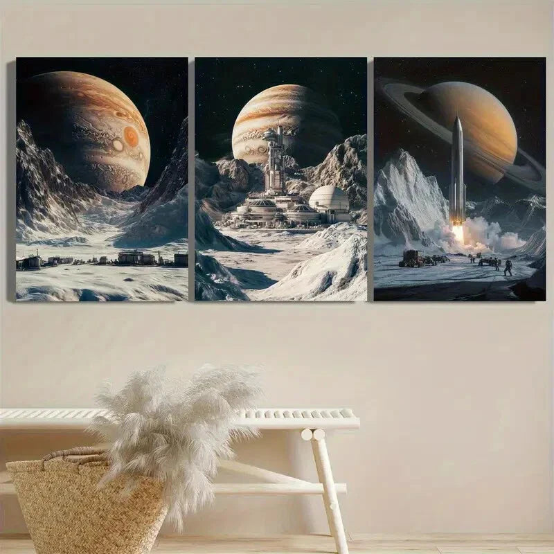 3pcs Moon Base Interstellar Rocket Future Space Metal Print Ready to Hang Art