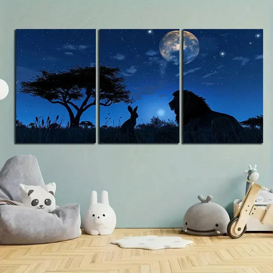 3pcs Lion and Rabbit Silhouette Moonlit Sky Metal Print Ready to Hang Art