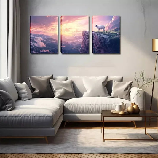 3pcs Sheep Standing on The Edge of a Cliff Wall Art Set Canvas Framed 40x60cm - High Quality Print 100% Australian Made Wall Canvas Ready to Hang