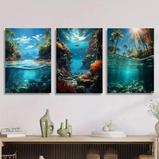 3pcs Tropical Island Paradise with Palm Trees Metal Print Ready to Hang Art