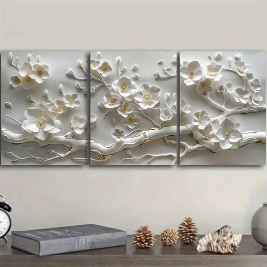 3pcs White Flower Modern Contemporary Style Wall Art Set Canvas Framed 40x60cm - High Quality Print 100% Australian Made Wall Canvas Ready to Hang