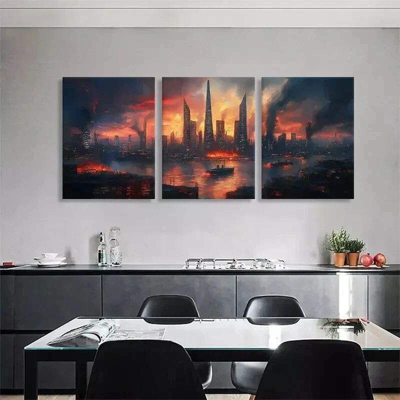 3pcs Skyscrapers and Burning Waters Prefect Wall Art Set Canvas Framed 40x60cm - High Quality Print 100% Australian Made Wall Canvas Ready to Hang