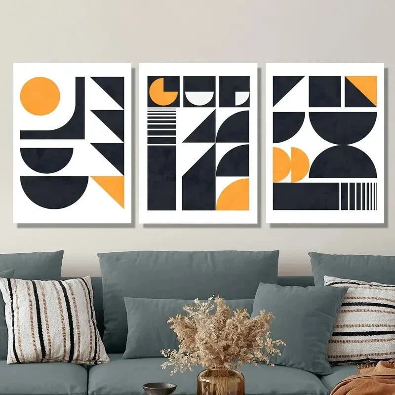 3pcs Abstract black gold geometric shape Metal Print Ready to Hang Art