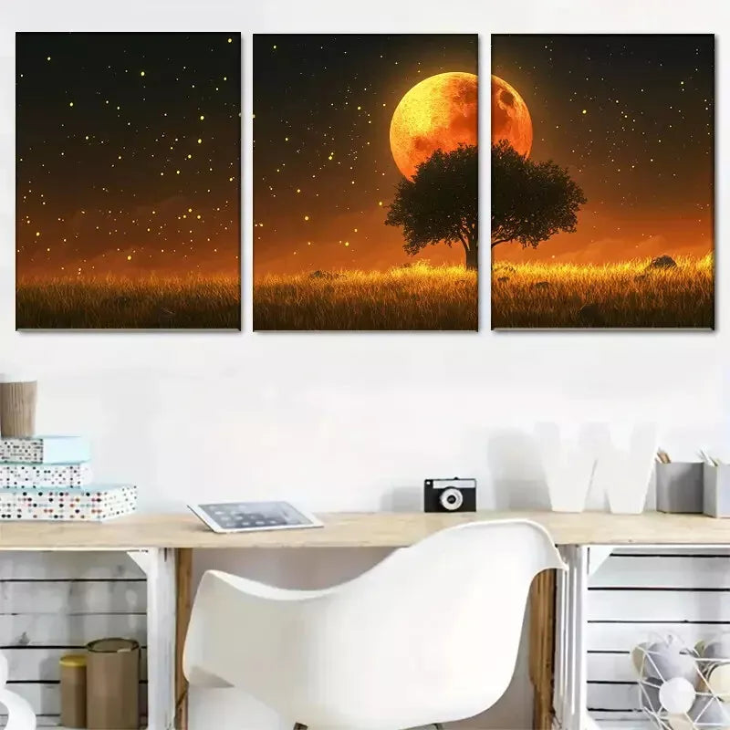 3pcs Enchanted Moonlit Meadow Wrapped Wall Art Set Canvas Framed 40x60cm - High Quality Print 100% Australian Made Wall Canvas Ready to Hang