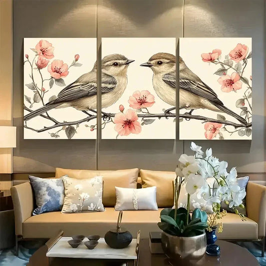 3pcs Romantic Pair of Birds with Flowers Design Metal Print Ready to Hang Art