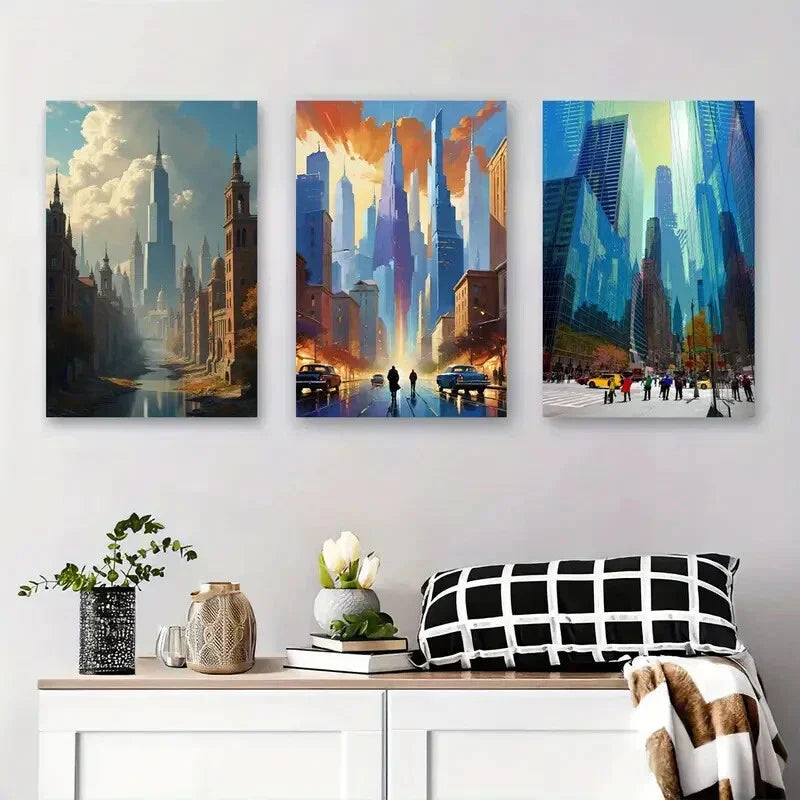 3pcs Futuristic Skyscrapers, Night Street Scene Metal Print Ready to Hang Art
