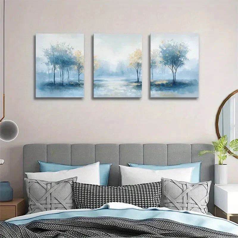 3pcs Serene Blue And Golden Tree Painting Metal Print Ready to Hang Art