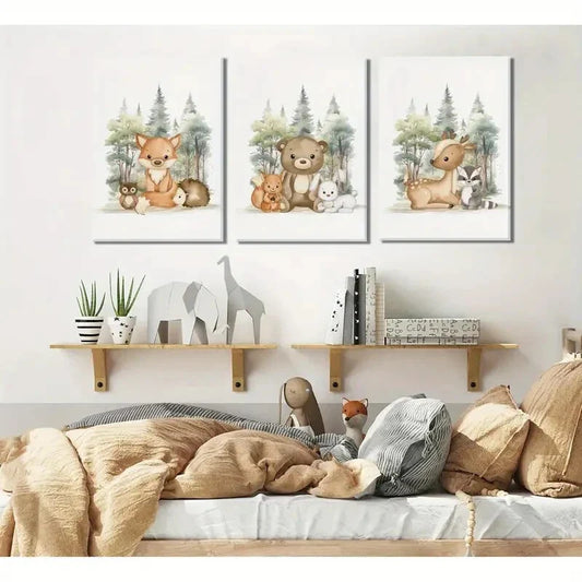3pcs Rustic Cartoon Fox, Bear, Deer Oil Painting Metal Print Ready to Hang Art