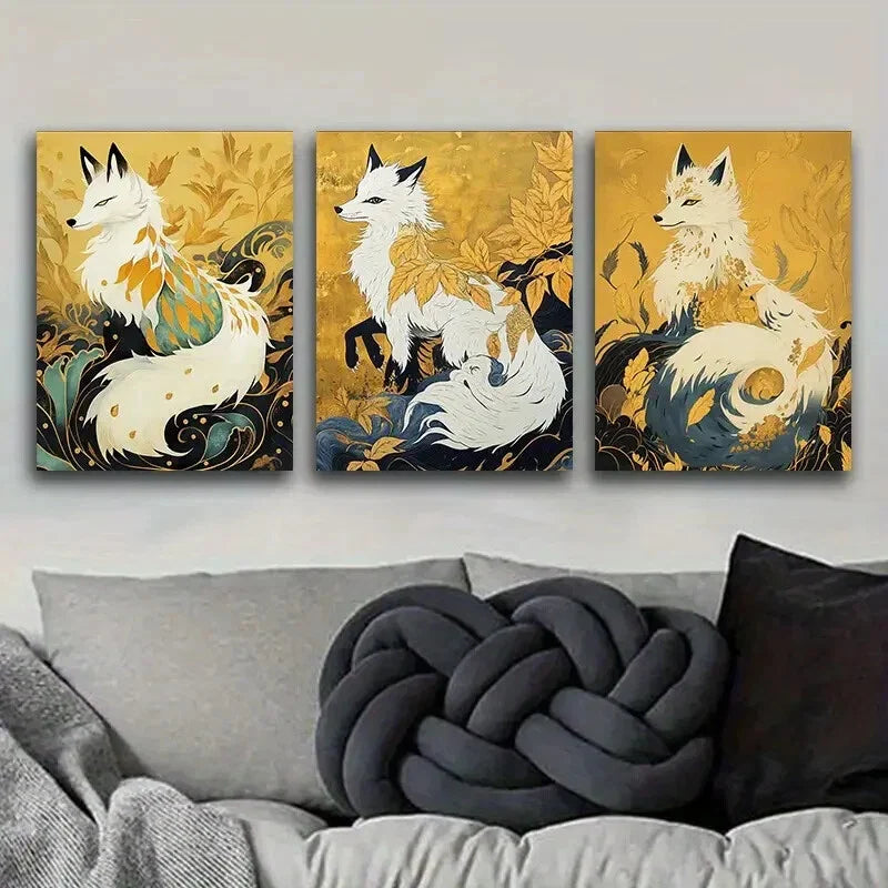 3pcs A platinum fox Art Painting Metal Print Ready to Hang Art