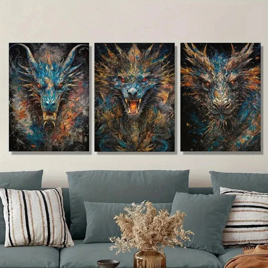3pcs Colorful fantasy dragon, retro Metal Print Ready to Hang Art