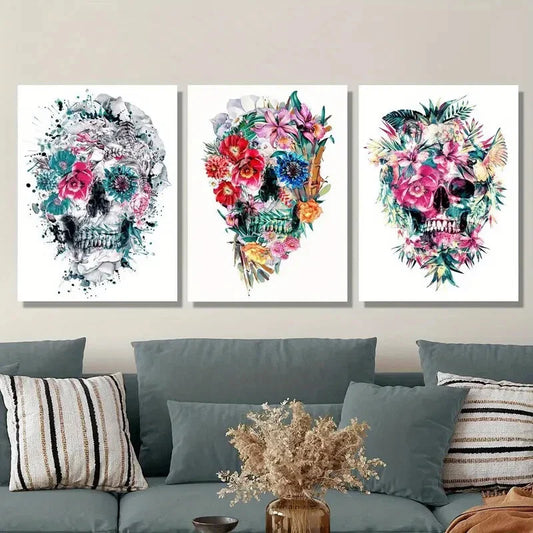 3pcs Vibrant Watercolor Floral Ink Skull Paintings Metal Print Ready to Hang Art