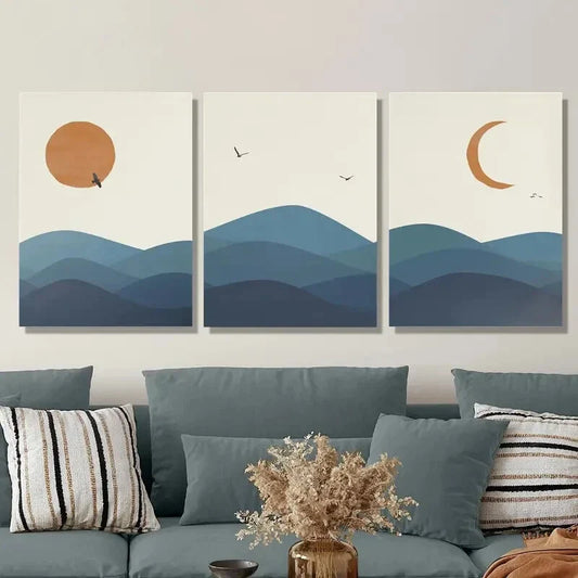 3pcs Sunset & Moon Mountain Blue Mountain Metal Print Ready to Hang Art