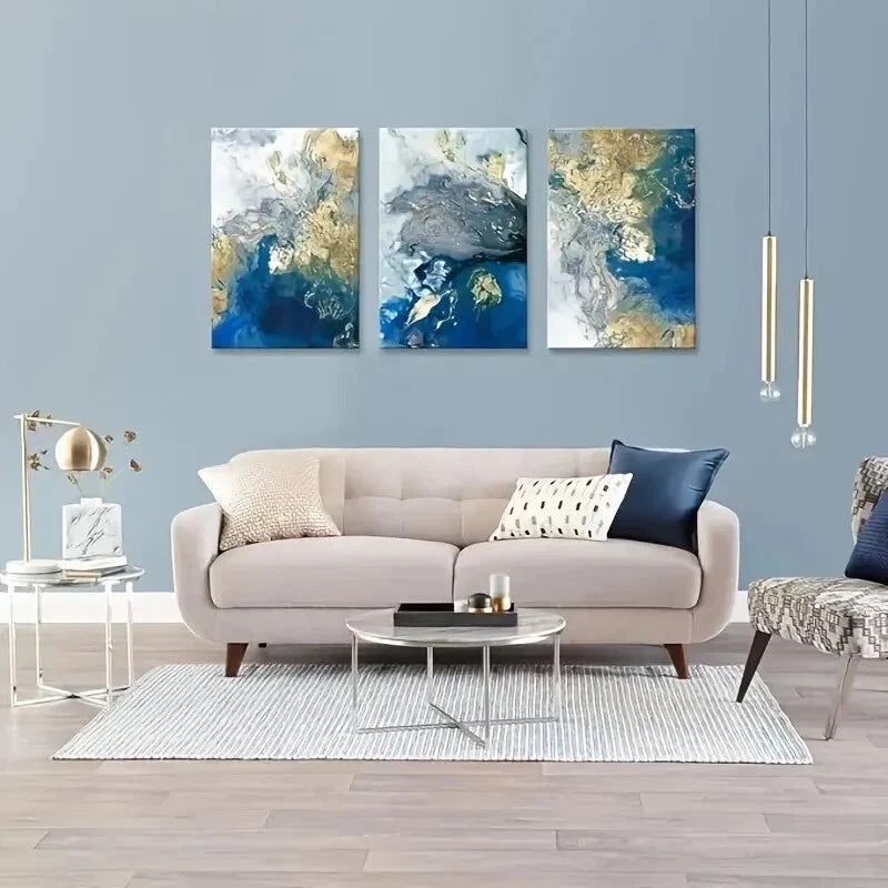 3pcs Blue Picture Golden Teal Painting Metal Print Ready to Hang Art