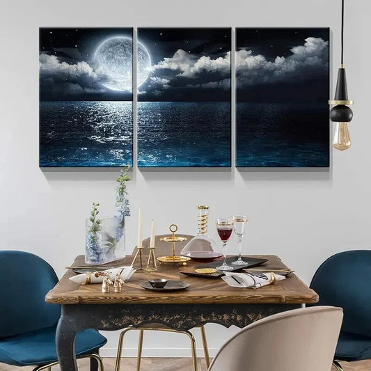 3pcs Blue Ocean Under Moonlight Metal Print Ready to Hang Art