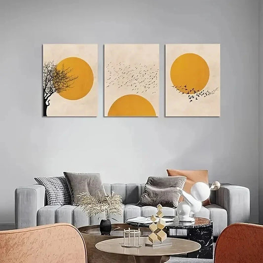 3pcs Sun and Tree Branches with Birds Metal Print Ready to Hang Art