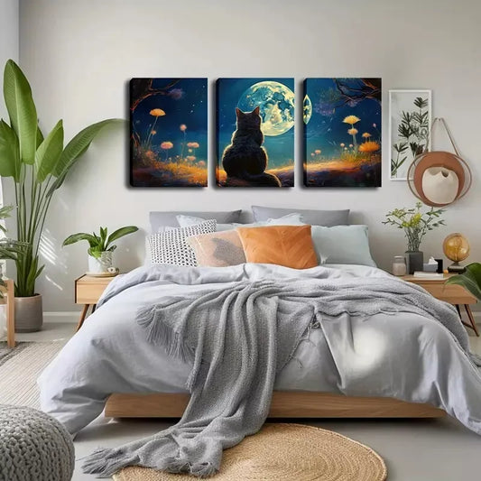 3pcs Lucky Cat Gazing at the Moon, Wall Art Set Canvas Framed 40x60cm - High Quality Print 100% Australian Made Wall Canvas Ready to Hang