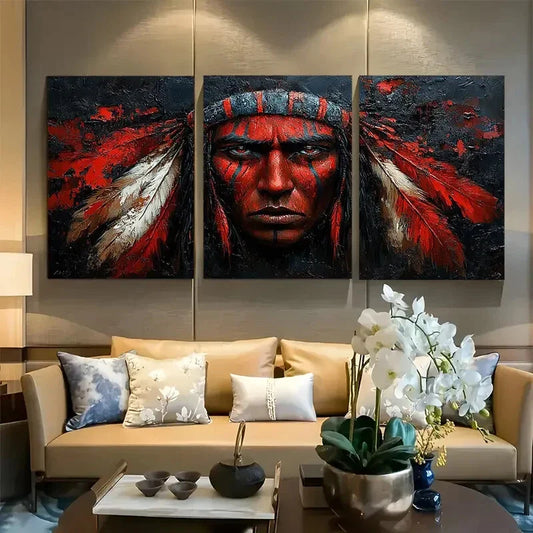 3pcs Indigenous Warrior with Feather Headdress Metal Print Ready to Hang Art