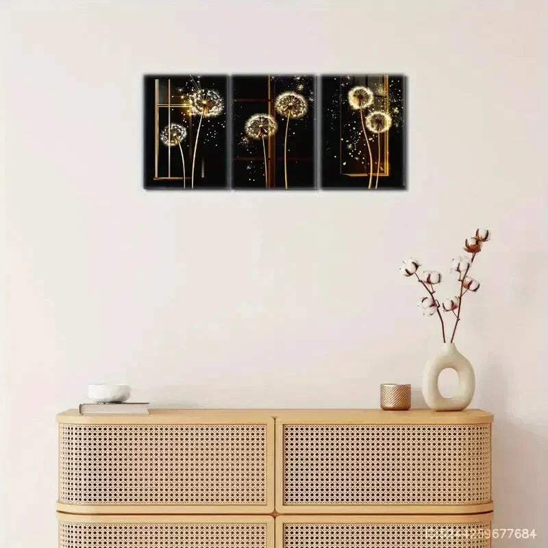 3pcs Golden Dandelions on Black Background Metal Print Ready to Hang Art