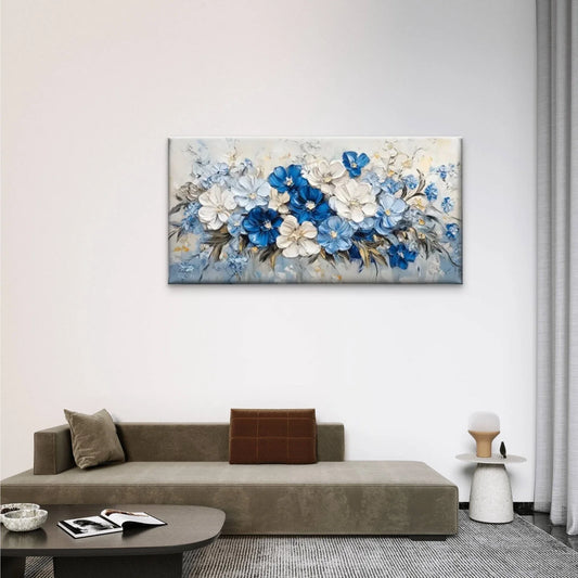 Blue Flowers White Wall Art Canvas Office Home Room Framed 80x45cm