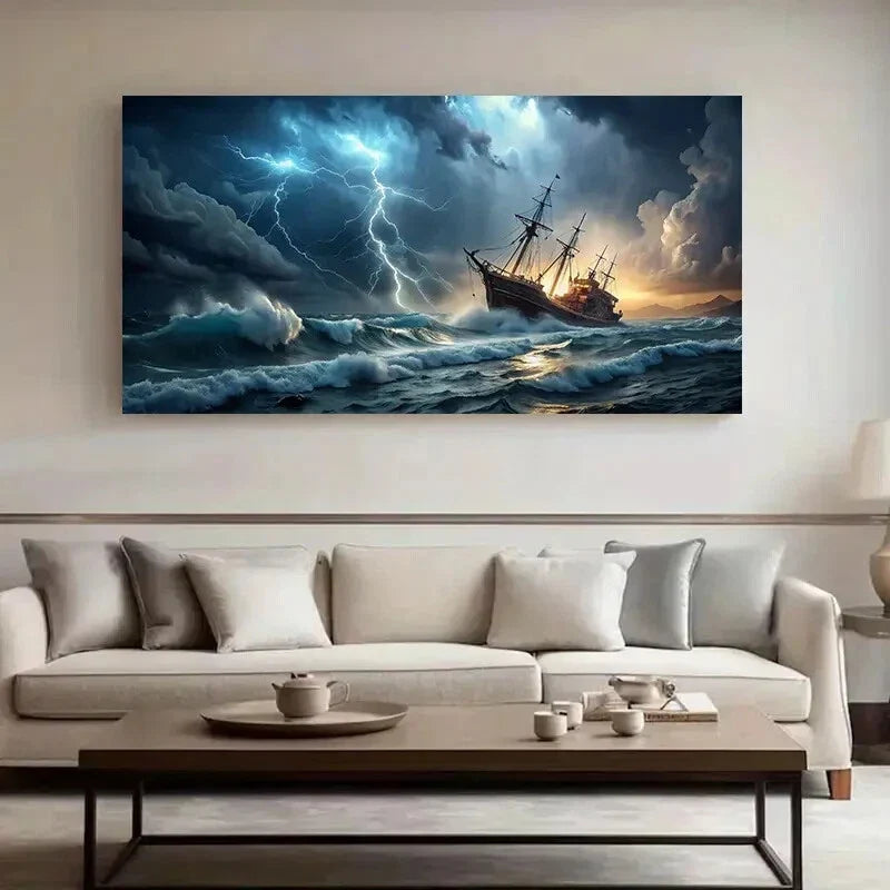 Ocean Scene Waves Ship Wall Art wall canvas office home room framed 120x60cm
