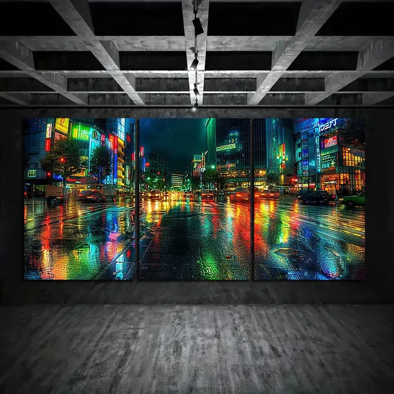 3pcs City Street Night View Modern Metal Print Ready to Hang Art