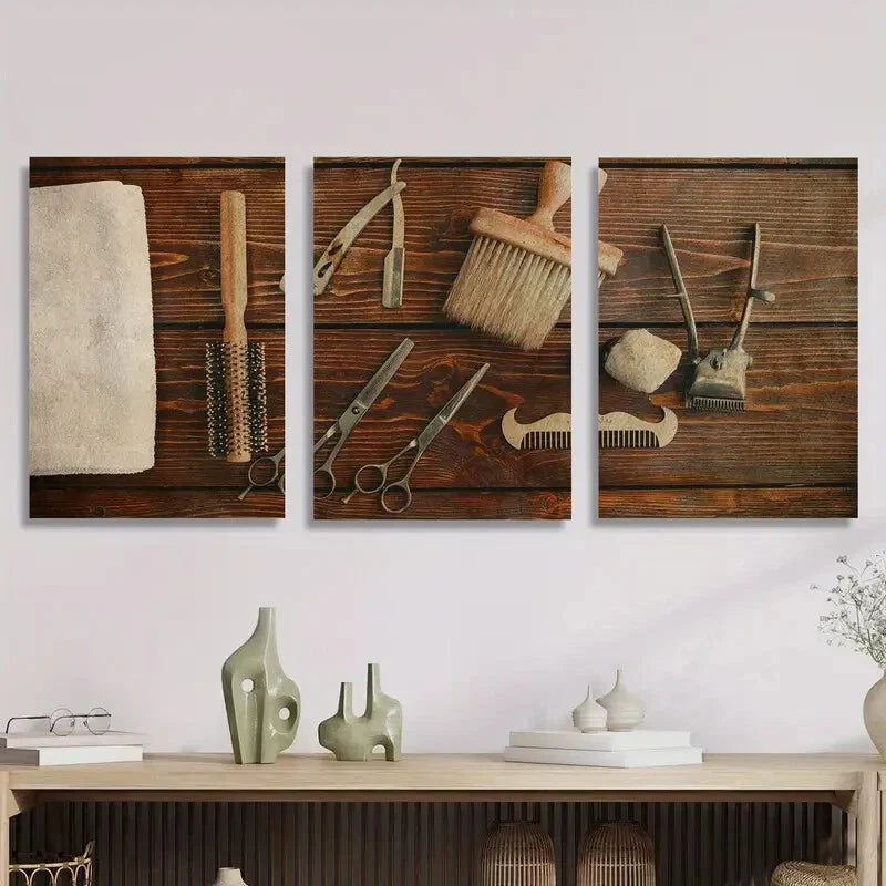 3pcs Vintage Barber Tools Modern Style Metal Print Ready to Hang Art