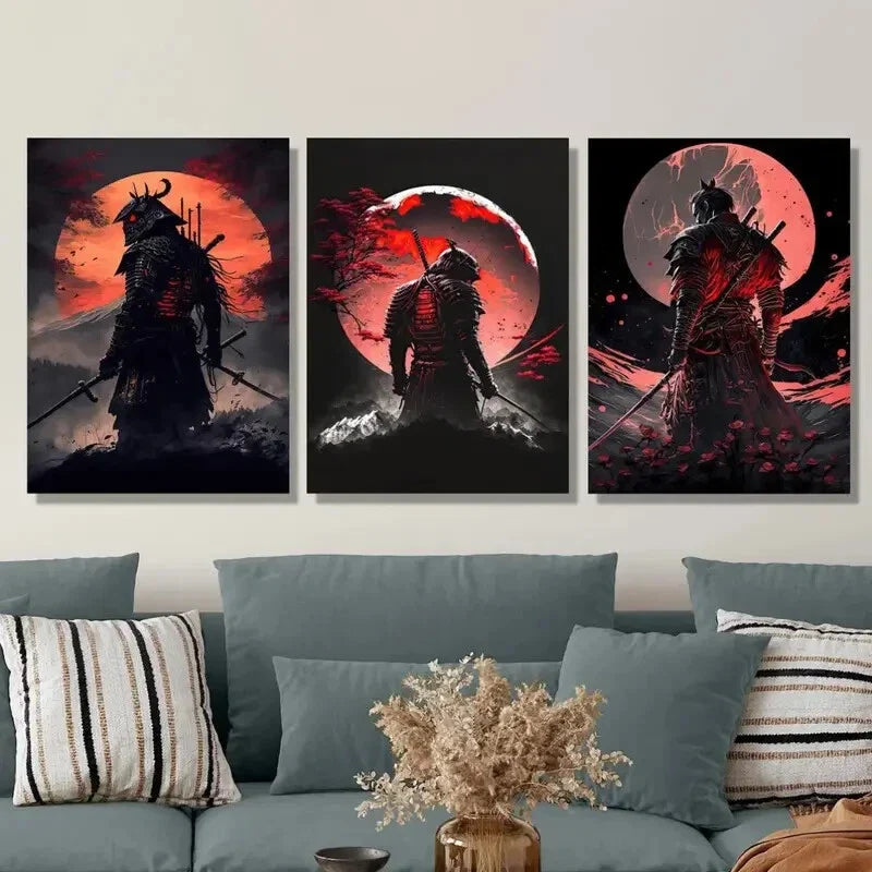 3pcs Samurai Wielding a Katana, Metal Print Ready to Hang Art