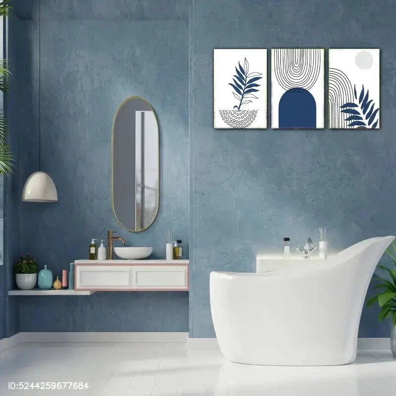 3pcs Abstract Blue Patterns & Leaf Designs Metal Print Ready to Hang Art