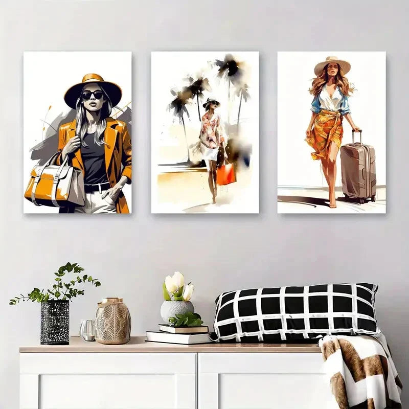 3pcs Stylish Women with Hats, Bags, and Luggage Metal Print Ready to Hang Art