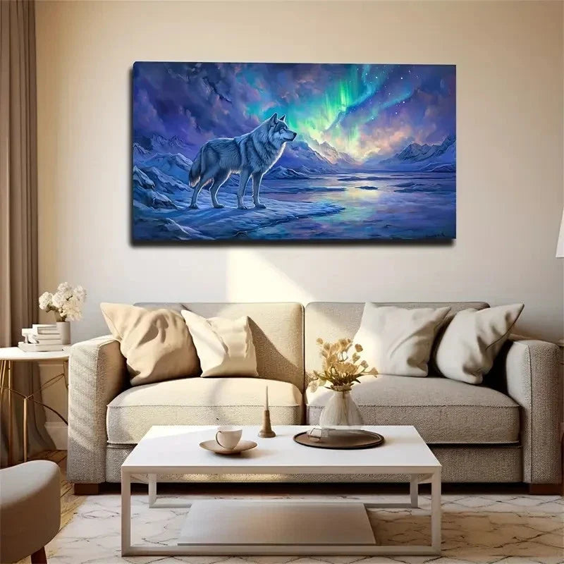 Arctic Wolf & Northern Lights Wall Art Canvas Office Home Room Framed 120x60cm