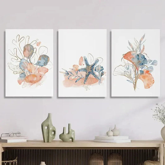3pcs Abstract seashell coral seaweed art painting Metal Print Ready to Hang Art