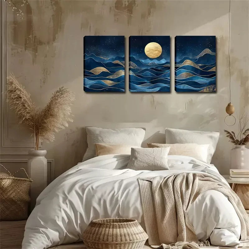 3pcs Blue Abstract Mountain And Moon Wall Art Set Canvas Framed 40x60cm - High Quality Print 100% Australian Made Wall Canvas Ready to Hang