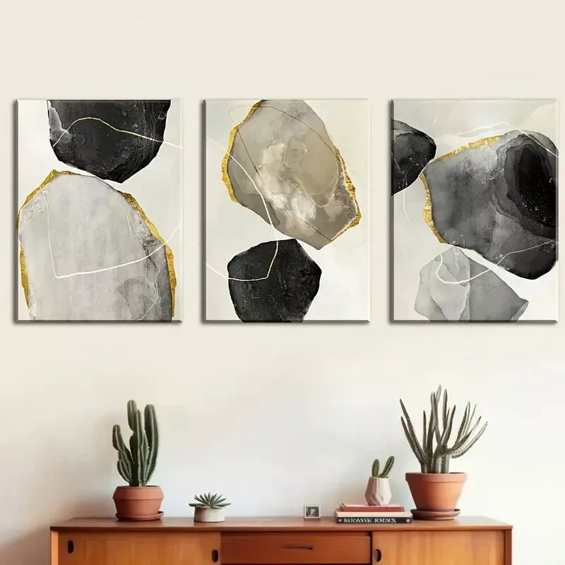 3pcs Featuring Abstract Modern Stone Gold Black Wall Art Set Canvas Framed 40x60cm - High Quality Print 100% Australian Made Wall Canvas Ready to Hang