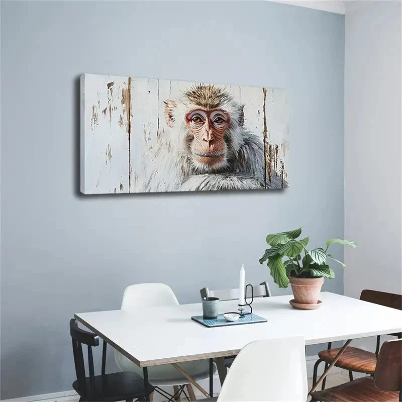 Minimalist Monkey Rustic White Wall Art Canvas Office Home Room Framed 120x60cm