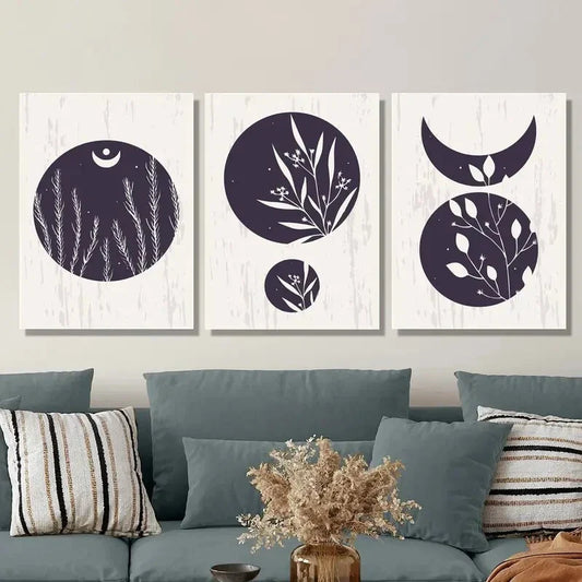 3pcs modern abstract moon leaves art painting Metal Print Ready to Hang Art