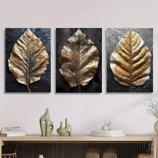 3pcs Golden Leaf, Black Background Metal Print Ready to Hang Art