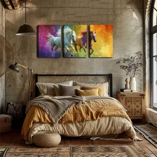 3pcs Dynamic Horse Designs in Purple, Blue Wall Art Set Canvas Framed 40x60cm - High Quality Print 100% Australian Made Wall Canvas Ready to Hang