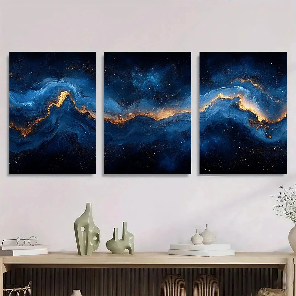 3pcs Blue & Golden Swirling Space Design Metal Print Ready to Hang Art