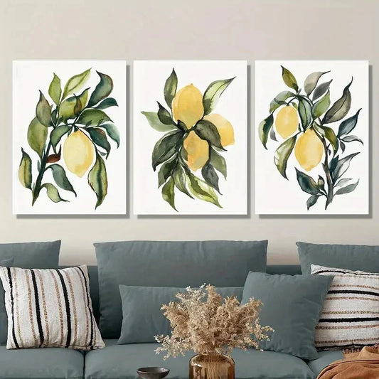 3pcs Botanical Fruit Illustrations with Green Leaf Metal Print Ready to Hang Art